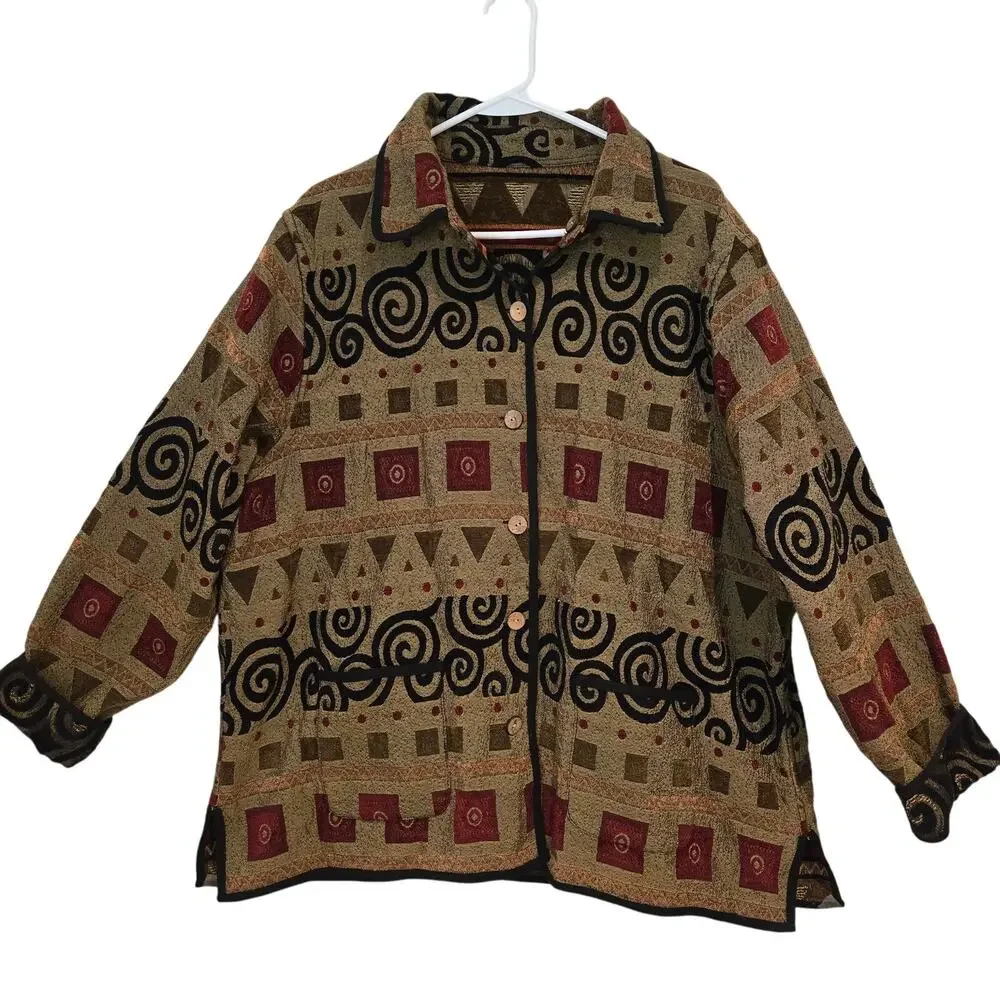 Vintage 2X Tally-Ho REVERSIBLE Geometric Art Tapestry Button-up Collared Jacket - Picture 4 of 14